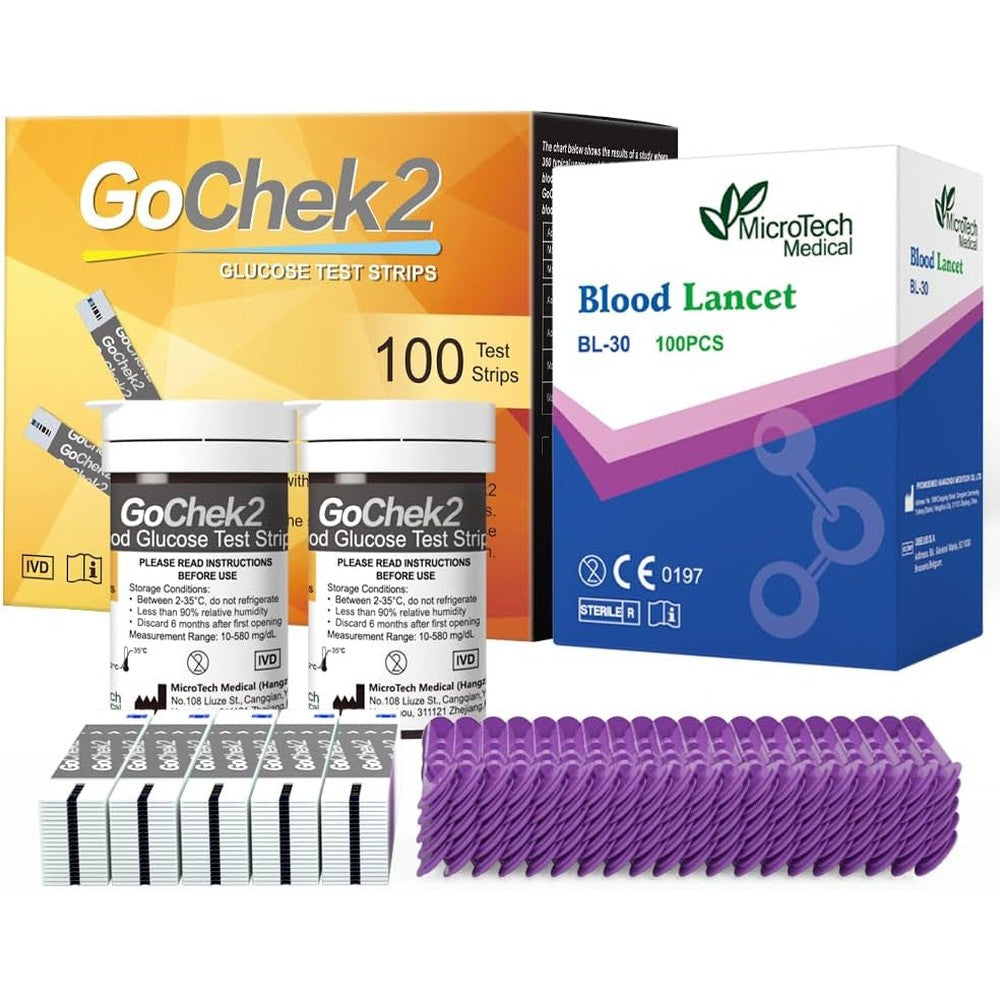 MicroTech blood glucose test strips and lancets one hundred count front packaging view