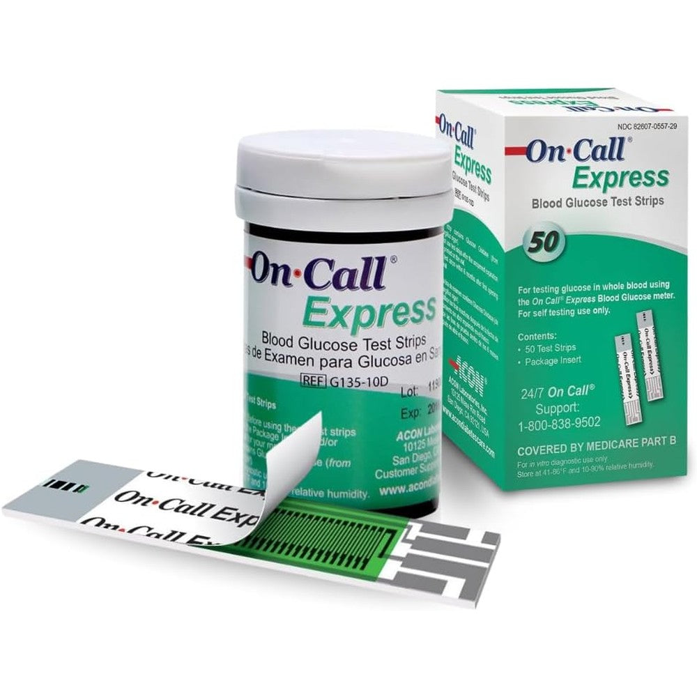 On Call Express blood glucose test strips fifty count front packaging view