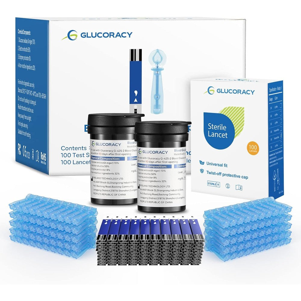 Glucoracy G-425-2 blood glucose test strips and lancets kit front view packaging for diabetes management
