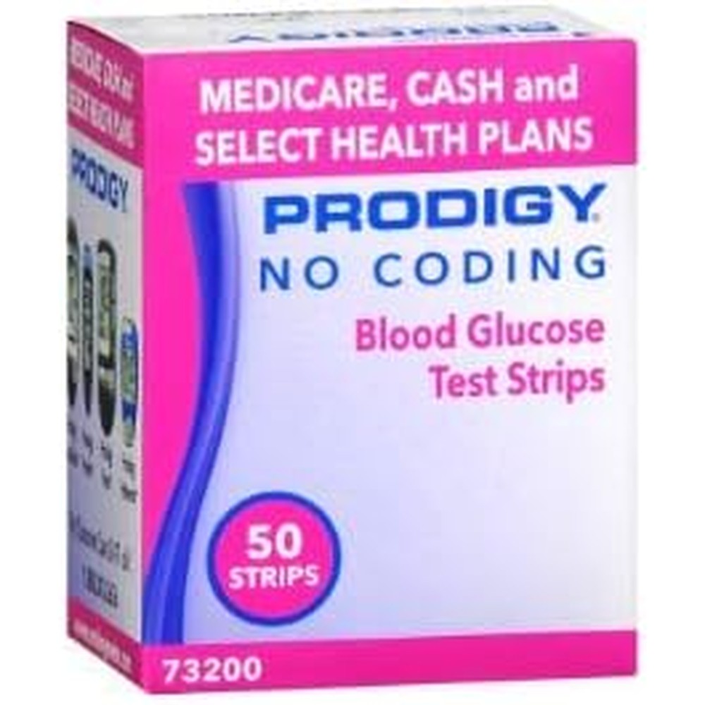 Prodigy 73200 no coding blood glucose test strips fifty count box front view for diabetes monitoring