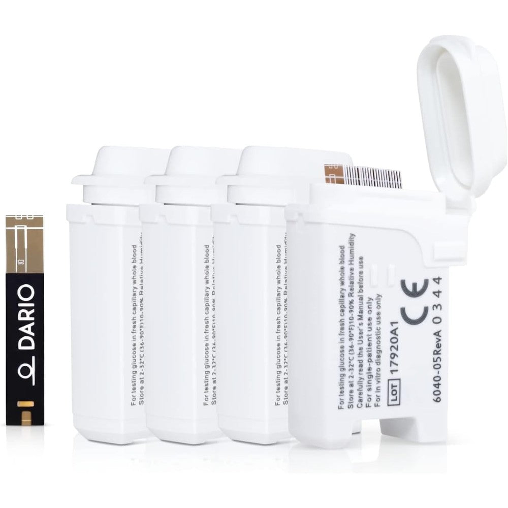 Dario 100 Blood Glucose Test Strips box front view showing authentic USA import packaging.
