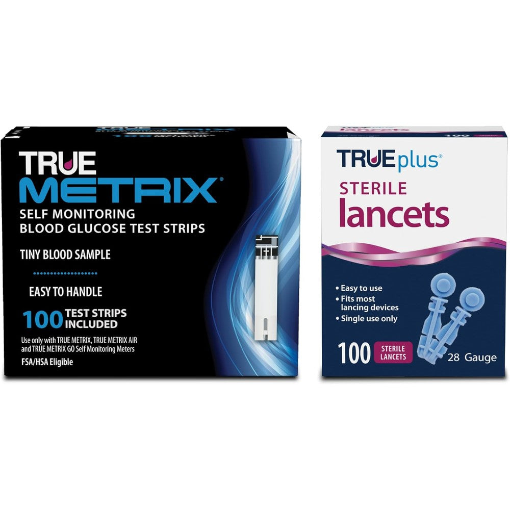 TRUE METRIX blood glucose test strips and lancets bundle front view pack packaging