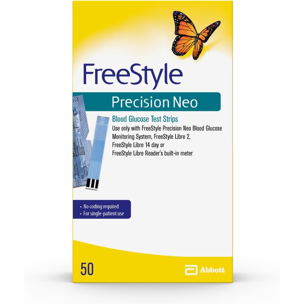 FreeStyle Precision Neo Blood Glucose Test Strips 50 Count front view box packaging for diabetes monitoring