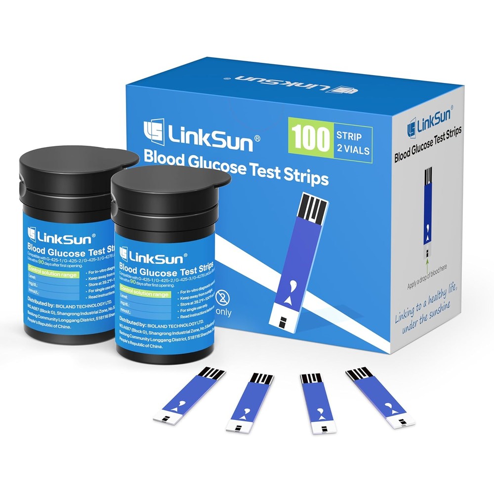 LinkSun Diabetic Blood Test Strips front view of 100 count retail packaging.