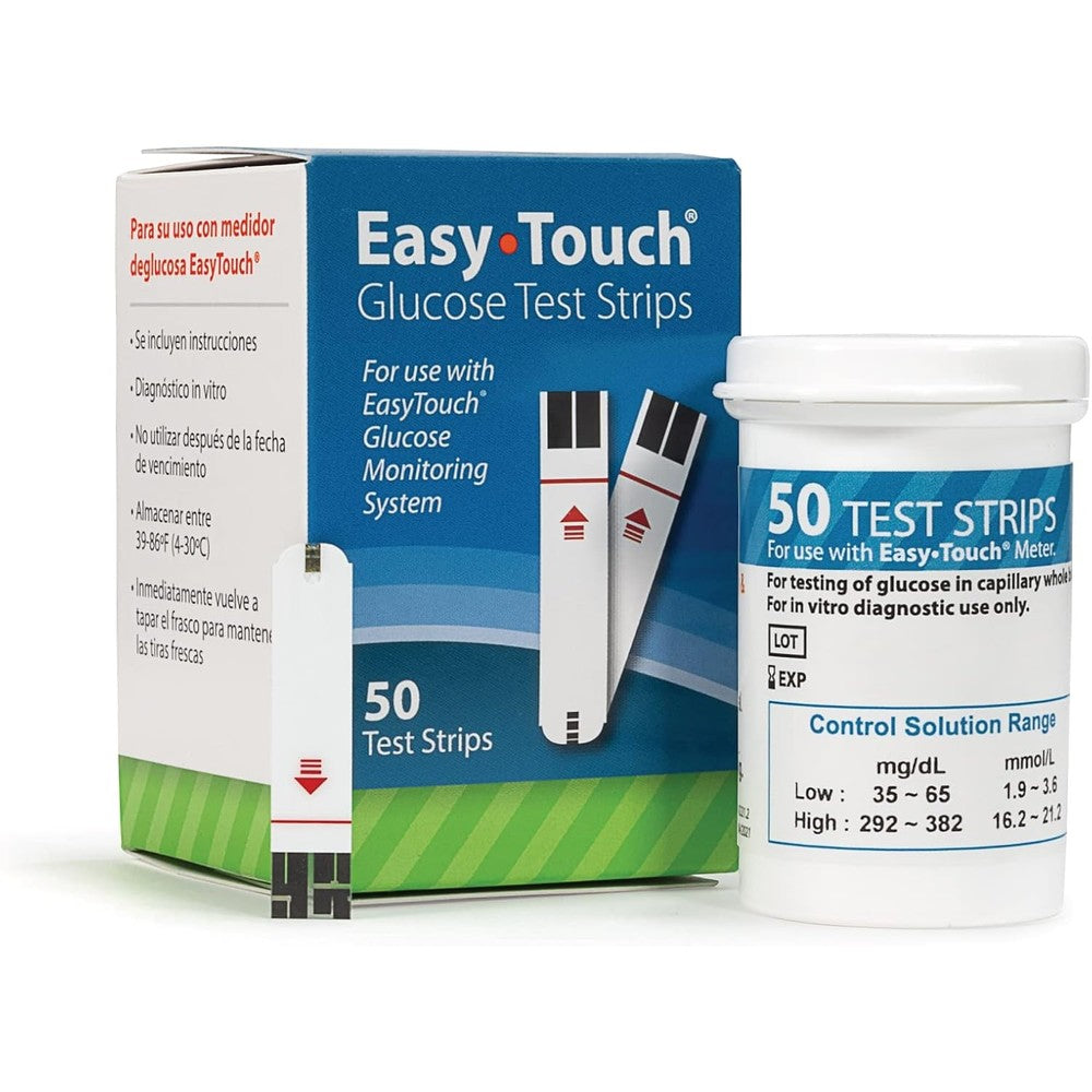 Easy Touch Glucose Test Strips fifty count box front view for accurate blood sugar monitoring.