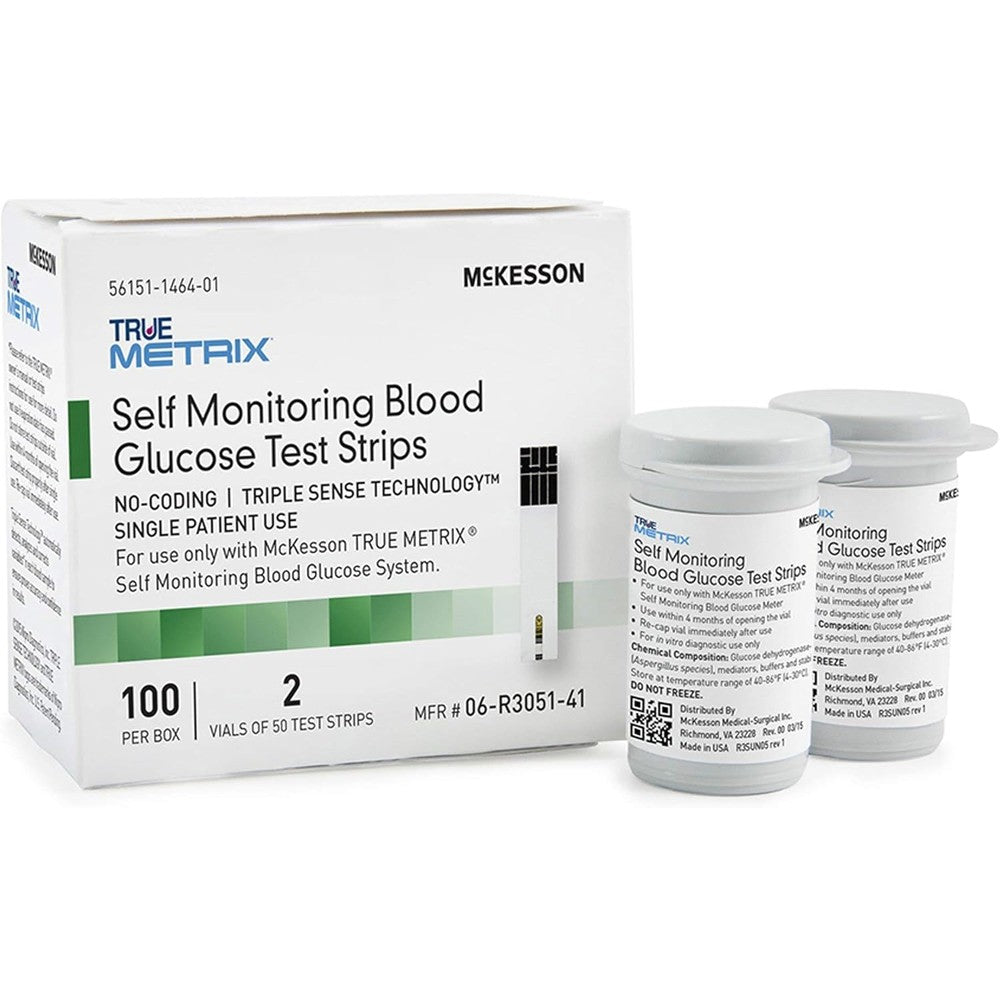 McKesson True METRIX Blood Glucose Test Strips 100 count box front view showing diabetic self-monitoring system packaging.