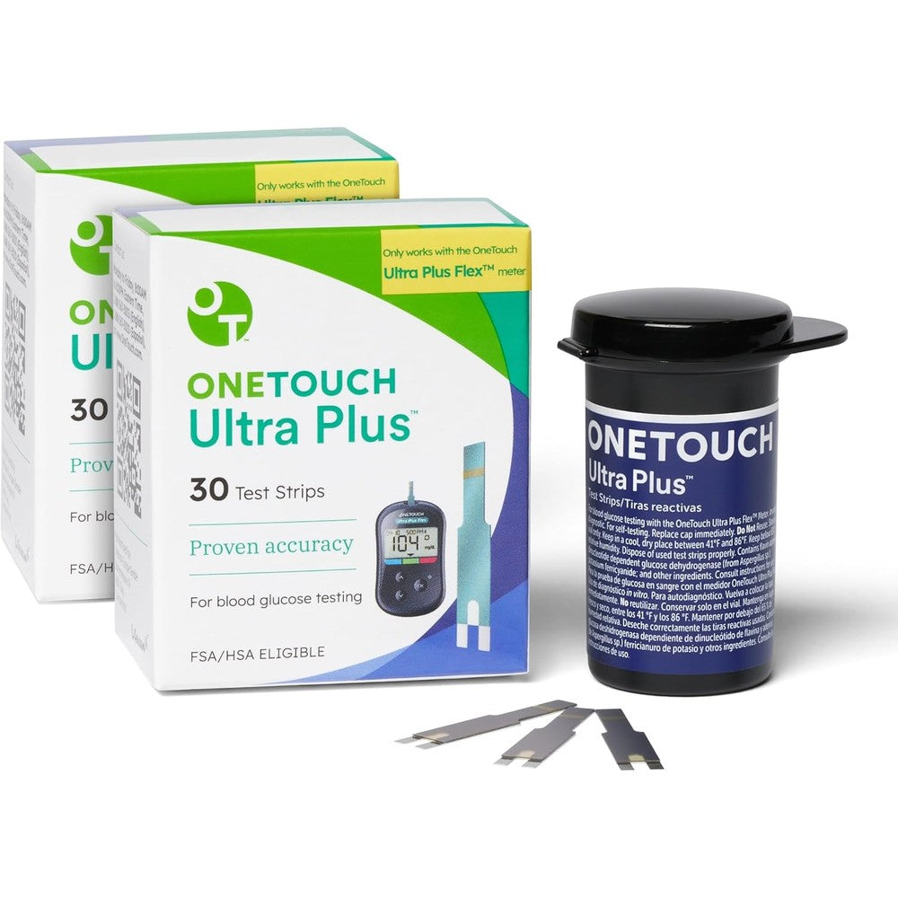 OneTouch Ultra Plus Diabetic Test Strips sixty count box front view for blood sugar tracking.
