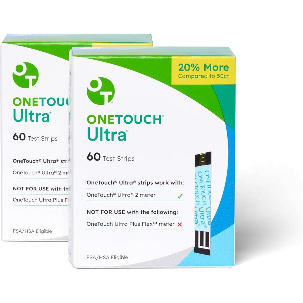 OneTouch Ultra Test Strips 120 Count front packaging view for accurate blood glucose tracking.
