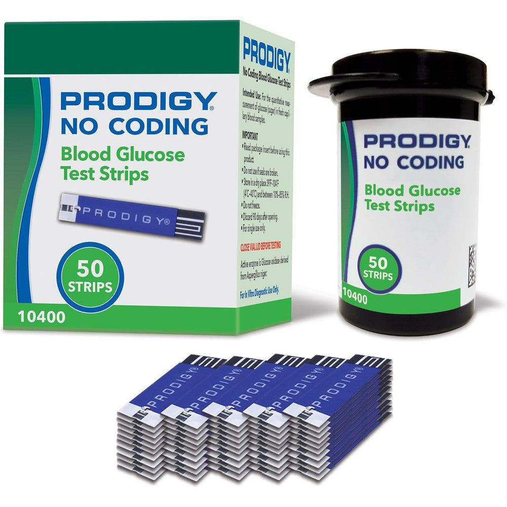 PRODIGY 10400 no coding blood glucose test strips box front view for authentic home diabetes monitoring