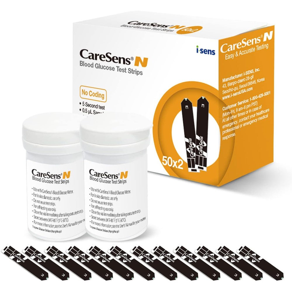 CareSens N Blood Glucose Test Strips 100 Count front view package showing diabetes testing compatibility