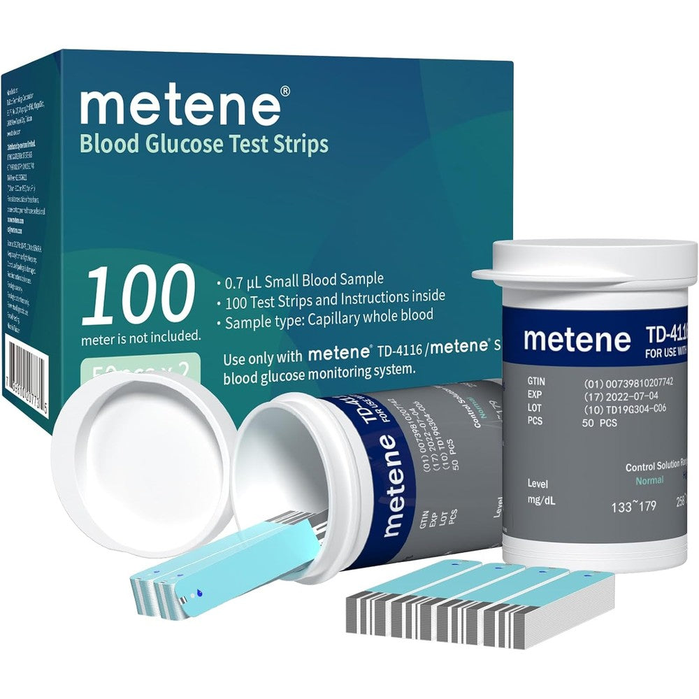 Metene TD-4116 blood glucose test strips box and vials front view for diabetes monitoring.