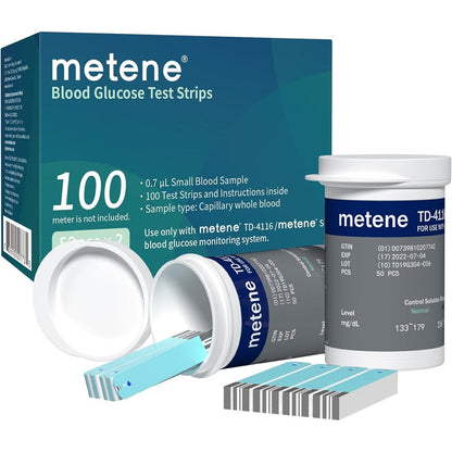 Metene TD-4116 blood glucose test strips box and vials front view for diabetes monitoring.