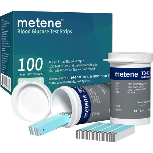 Metene TD-4116 blood glucose test strips box and vials front view for diabetes monitoring.