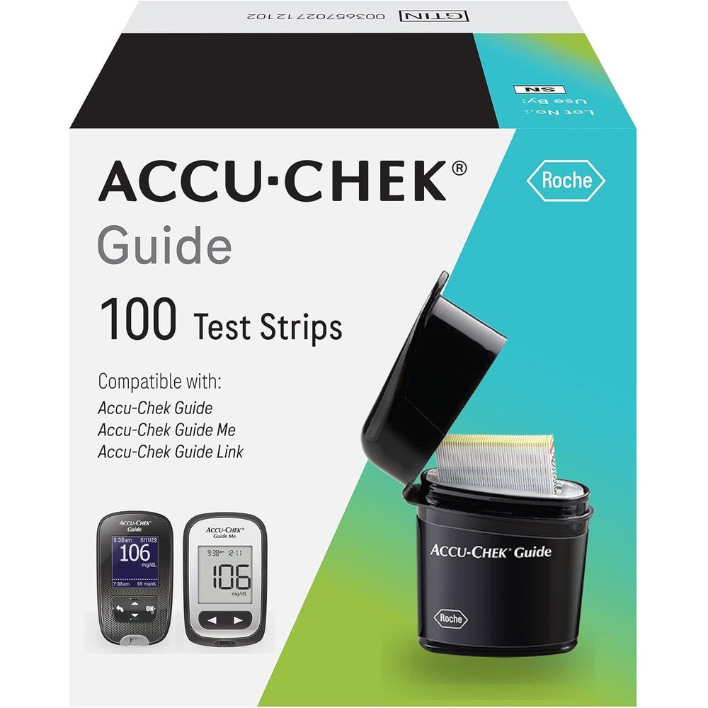 Accu-Chek Guide Glucose Test Strips 100 pack front view for diabetes monitoring.