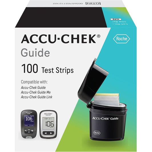 Accu-Chek Guide Glucose Test Strips 100 pack front view for diabetes monitoring.