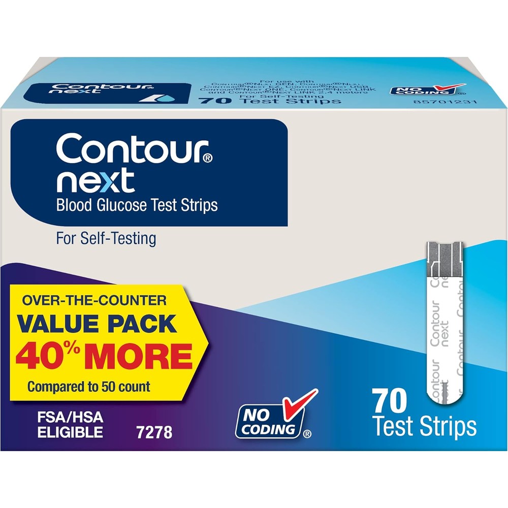 Ascensia Contour Next blood glucose test strips 70 count retail box front view