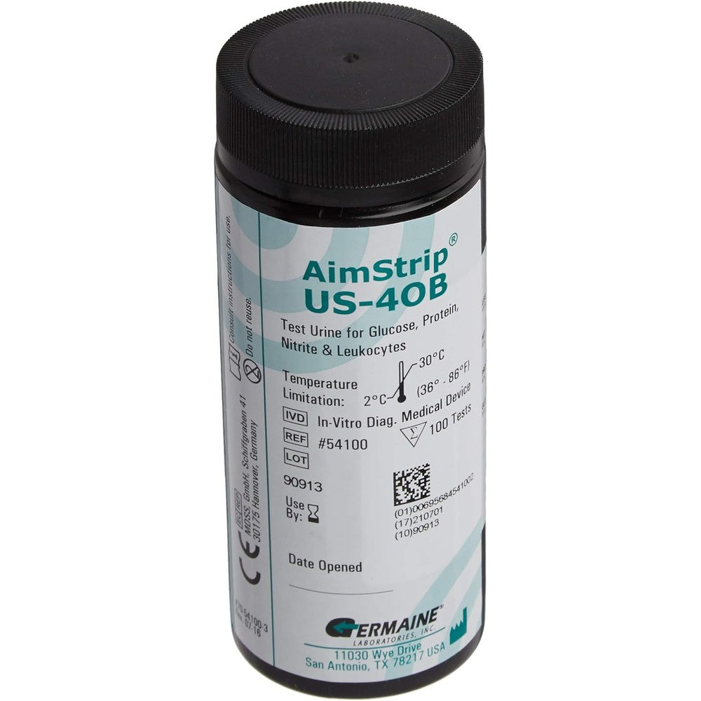 AimStrip 54100 US4OB urine reagent test strips front view bottle