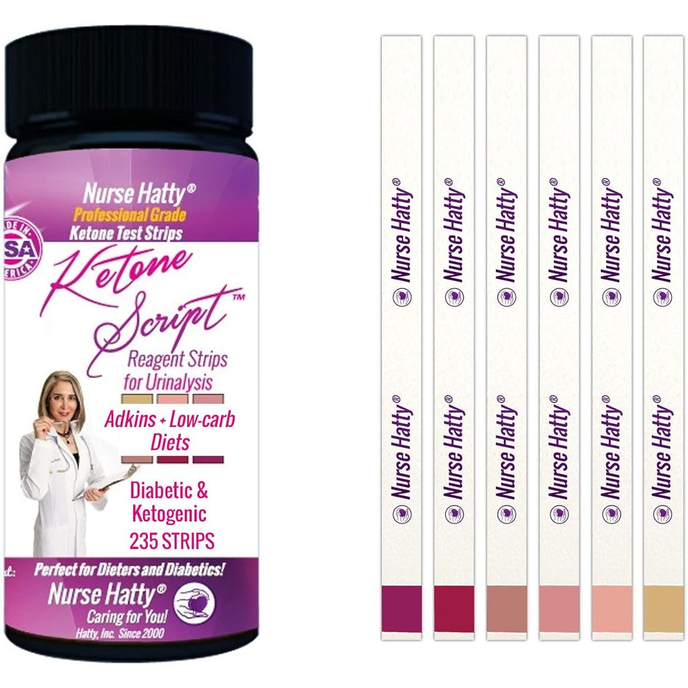 Nurse Hatty Ketogenic and Diabetic Urinalysis Test Strips bottle front view for ketosis monitoring.