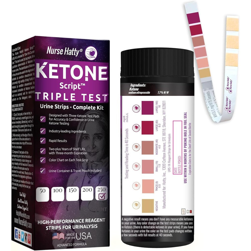 Nurse Hatty Ketone Script Triple Test Urine Strips front view bottle and packaging.