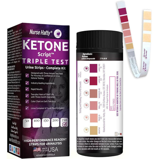 Nurse Hatty Ketone Script Triple Test Urine Strips front view bottle and packaging.