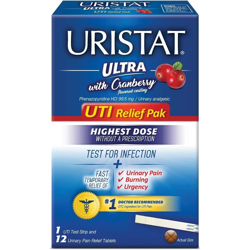 Uristat Ultra UTI Relief Pack front packaging showing test strip and tablets.