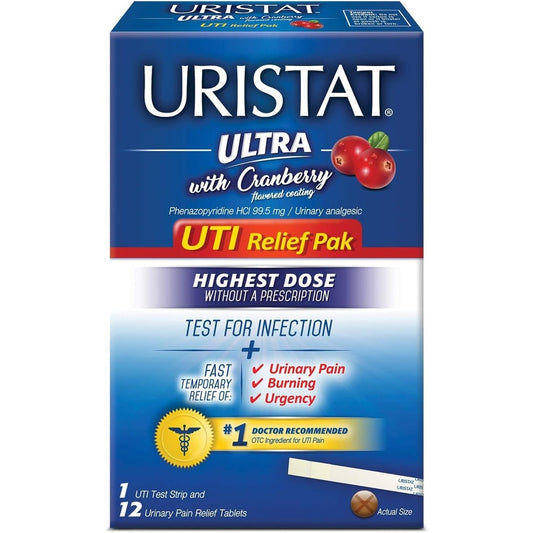 Uristat Ultra UTI Relief Pack front packaging showing test strip and tablets.