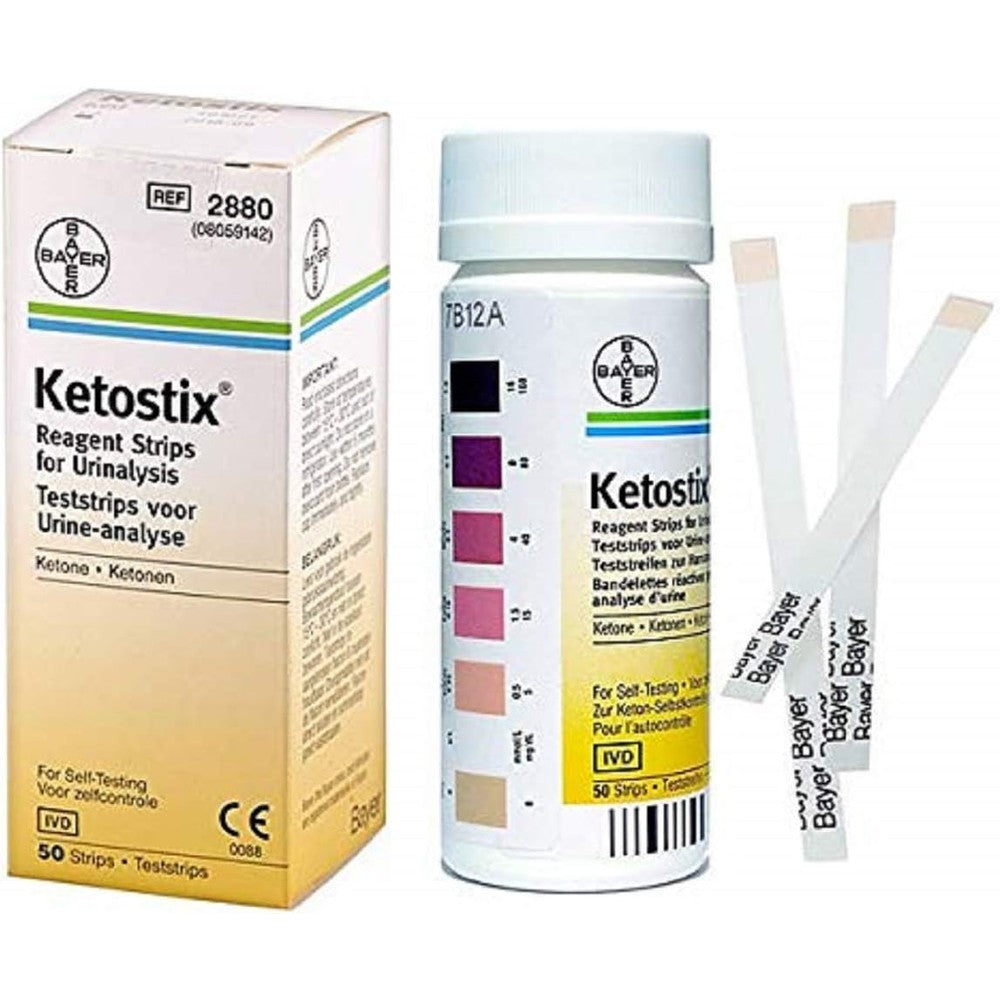 Bayer Ketostix Reagent Strips 50 pack front view authentic USA import ketone test kit