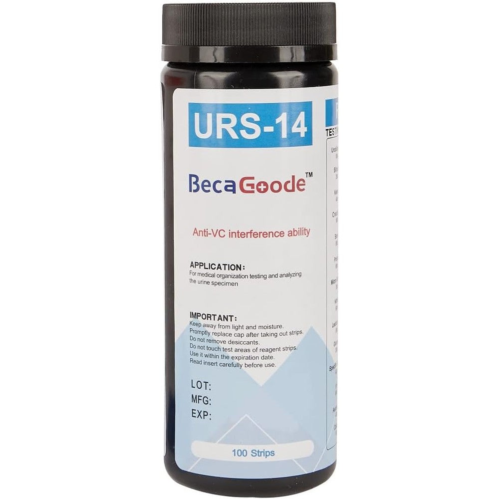 BecaGoode 14 Parameter Urine Test Strips front view of bottle for urinalysis.