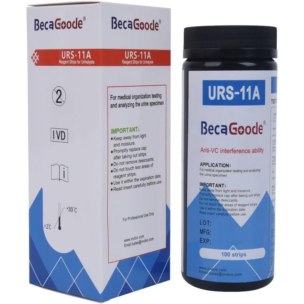 BecaGoode 11-in-1 Rapid Urine Test Strips front view packaging for health monitoring.