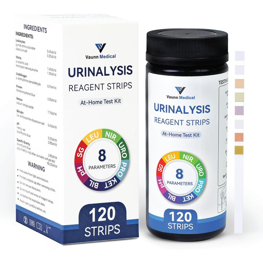 Vaunn Medical 8-in-1 Urine Test Strips front view bottle showing color chart.