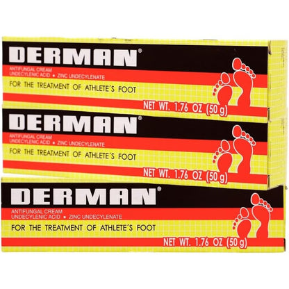 Derman Antifungal Cream 3 pack front view for athlete's foot treatment.