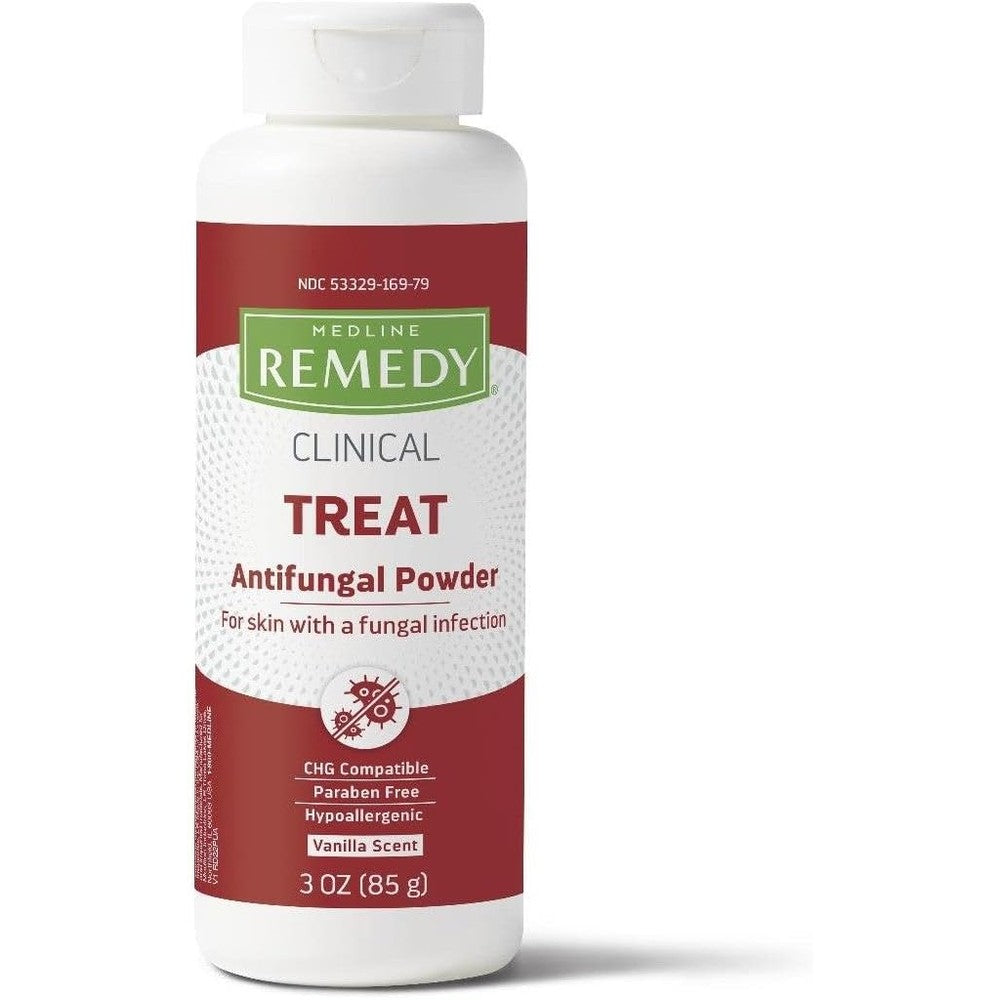 Medline Remedy Clinical Antifungal Powder front view showing 3 ounce bottle.