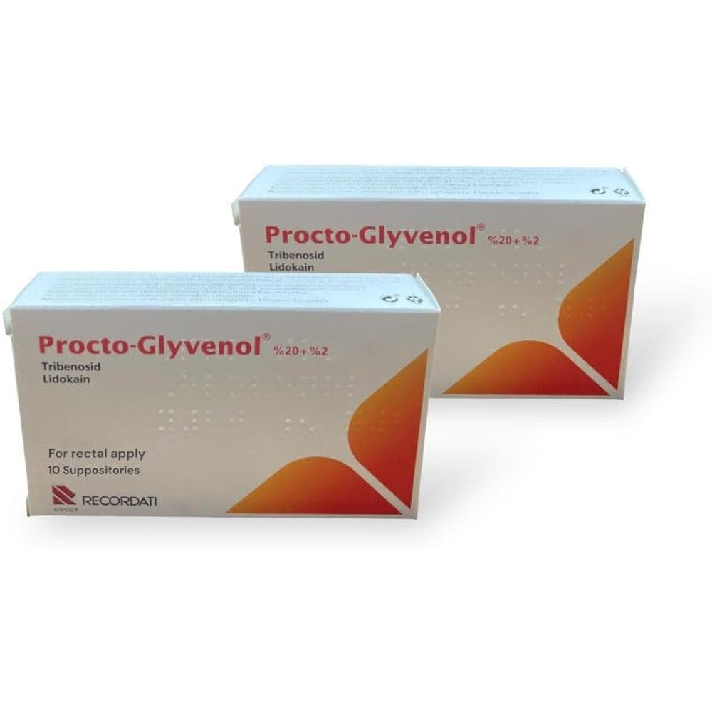Avedana Procto-Glyvenol Hemorrhoid Relief Suppositories front package view for fast hemorrhoid relief.
