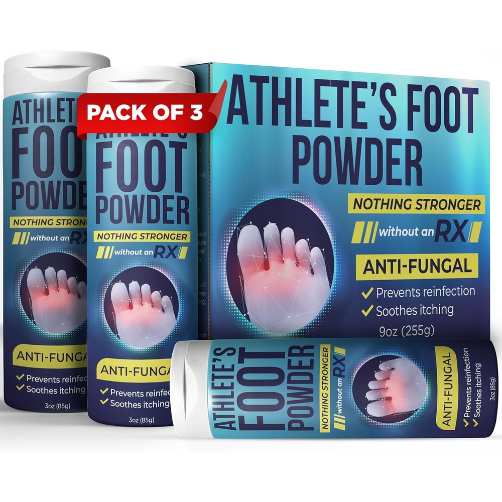 Terramed Just Think Comfort Athlete's Foot Powder three pack front view showcasing antifungal relief benefits
