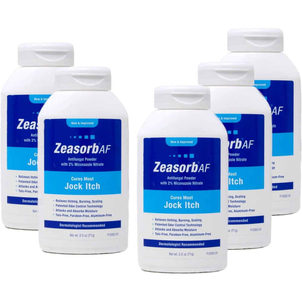 Zeasorb AF Antifungal Powder 5 pack front view showing 2 percent miconazole nitrate packaging for jock itch relief.