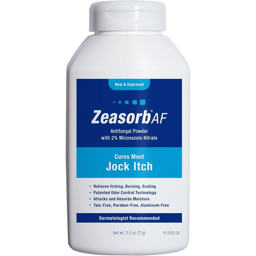 Zeasorb AF Jock Itch Powder front view showing the two point five ounce bottle