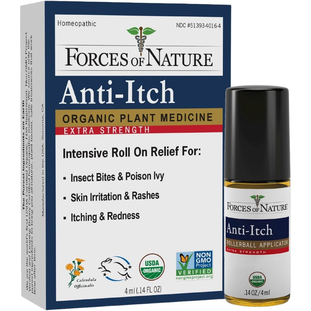 Forces of Nature Organic Anti Itch Extra Strength Roll On front view showing the 4 ml retail packaging.
