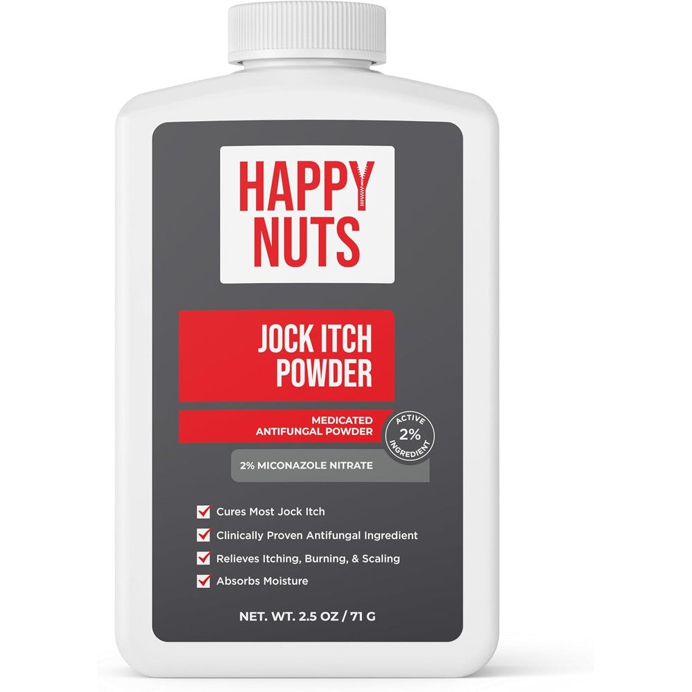 HAPPY NUTS Jock Itch OTC Antifungal Treatment Powder front view bottle for groin relief