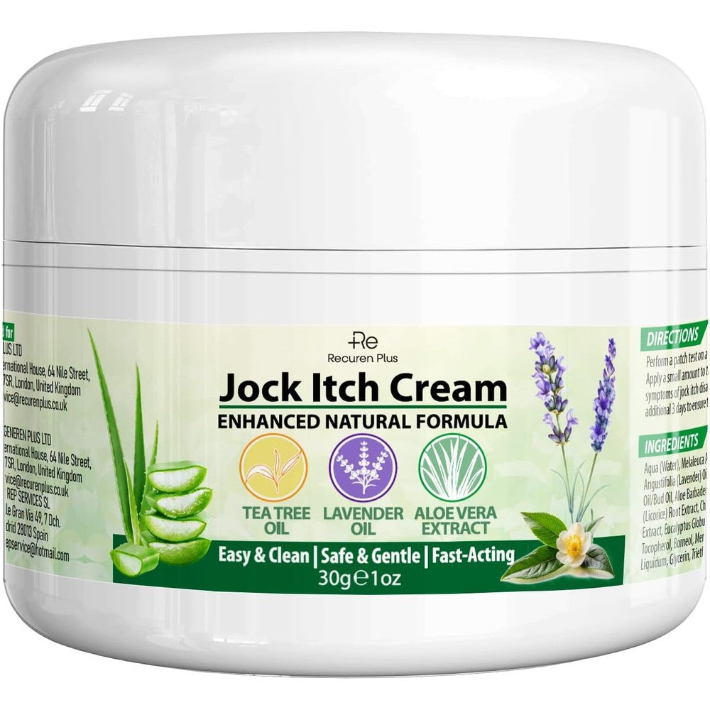 Recuren Plus Jock Itch Antifungal Skin Cream front view of the 30g jar for itchy skin relief.