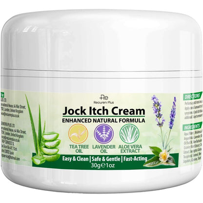 Recuren Plus Jock Itch Antifungal Skin Cream front view of the 30g jar for itchy skin relief.