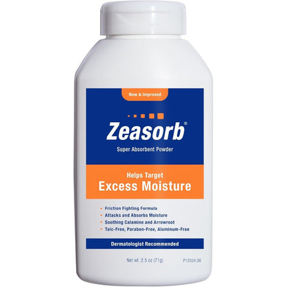 Zeasorb Prevention Super Absorbent Excess Moisture Powder front view for sweat protection.