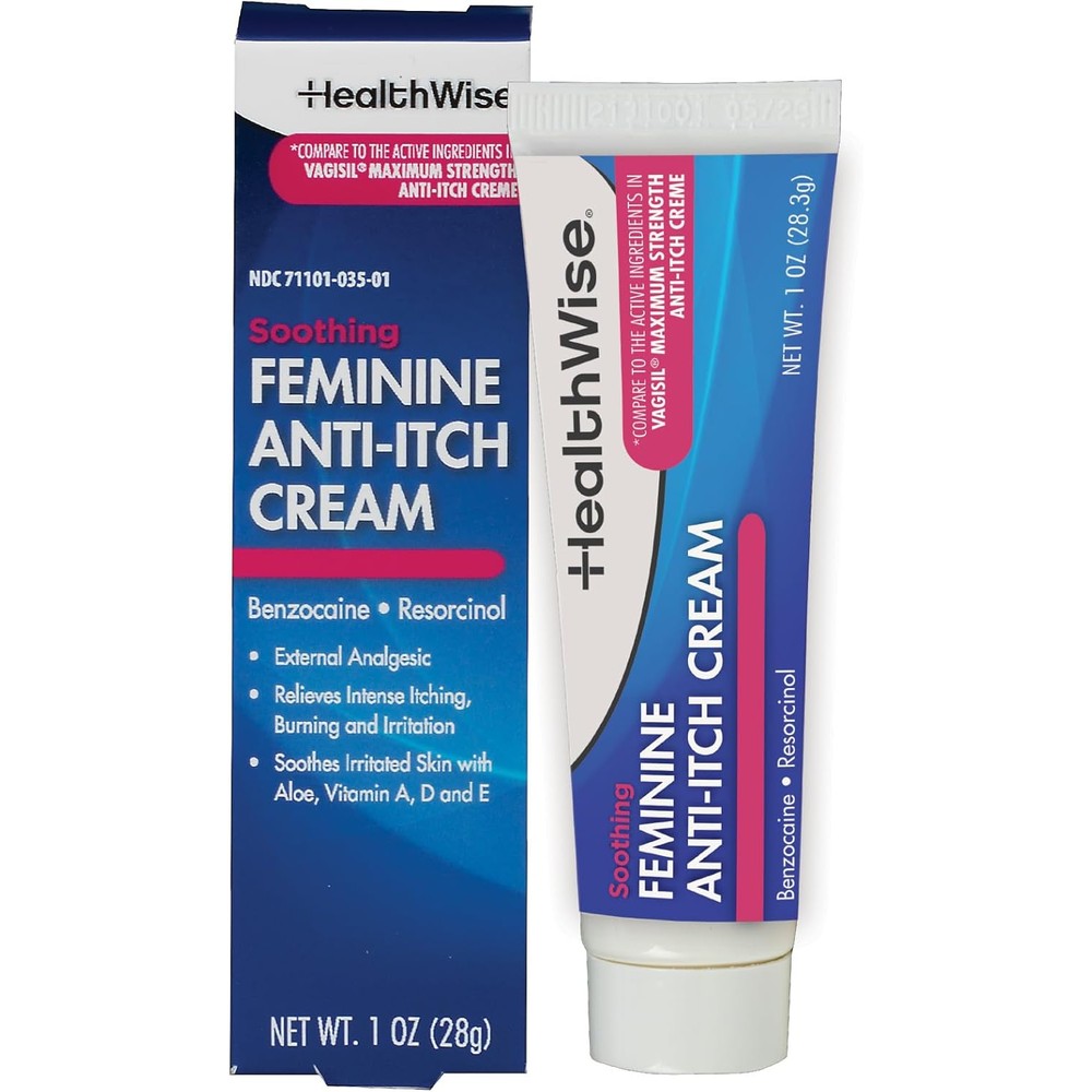 HealthWise Feminine Anti Itch Cream front packaging for instant intimate relief