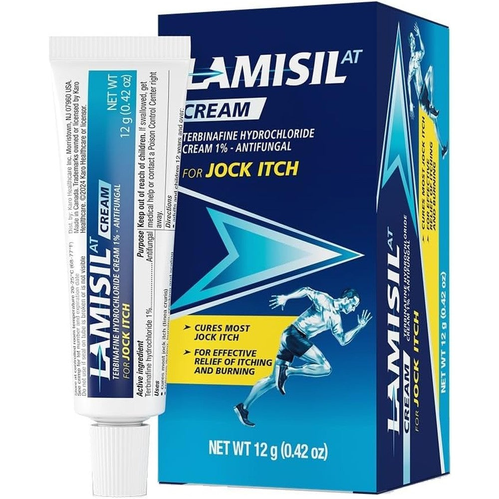 Lamisil Jock Itch Antifungal Cream 0.42 ounce front view box and tube for jock itch relief