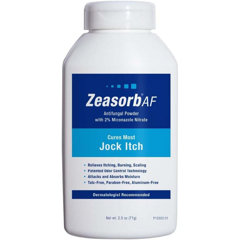 Zeasorb Super Absorbent Antifungal Treatment Powder front view shaker bottle for jock itch relief.