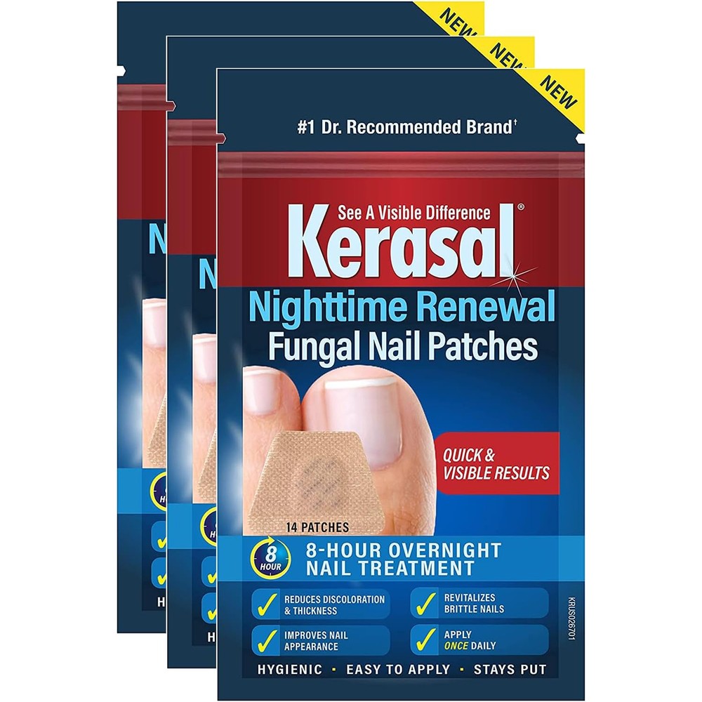 Kerasal Nighttime Nail Renewal Repair Patches front view of 3 pack boxes for fungal damage.
