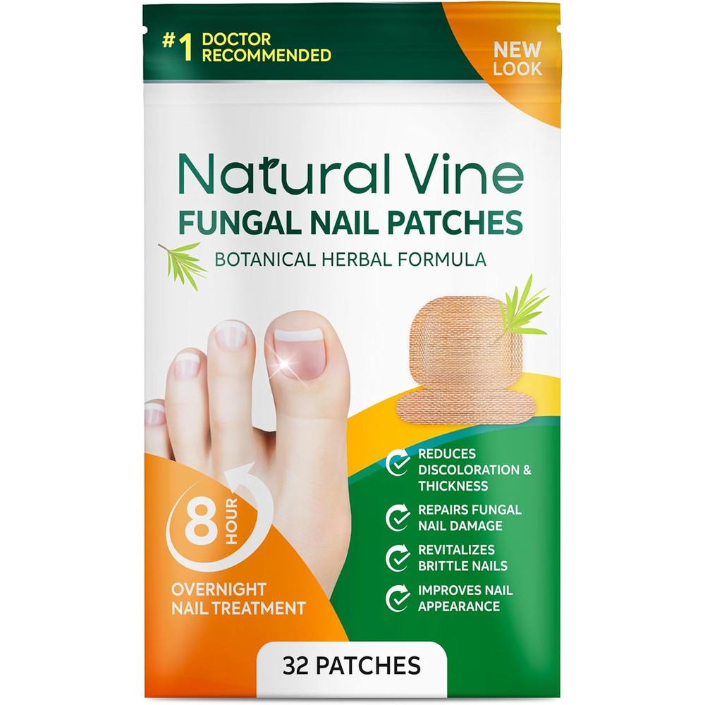 Natural Vine Omzok Toenail Fungus Treatment Patches front view showing 32 count packaging.