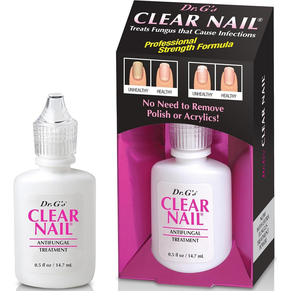Dr. G's Clear Nail Antifungal Treatment 0.5 Fluid Ounce bottle and box front view.