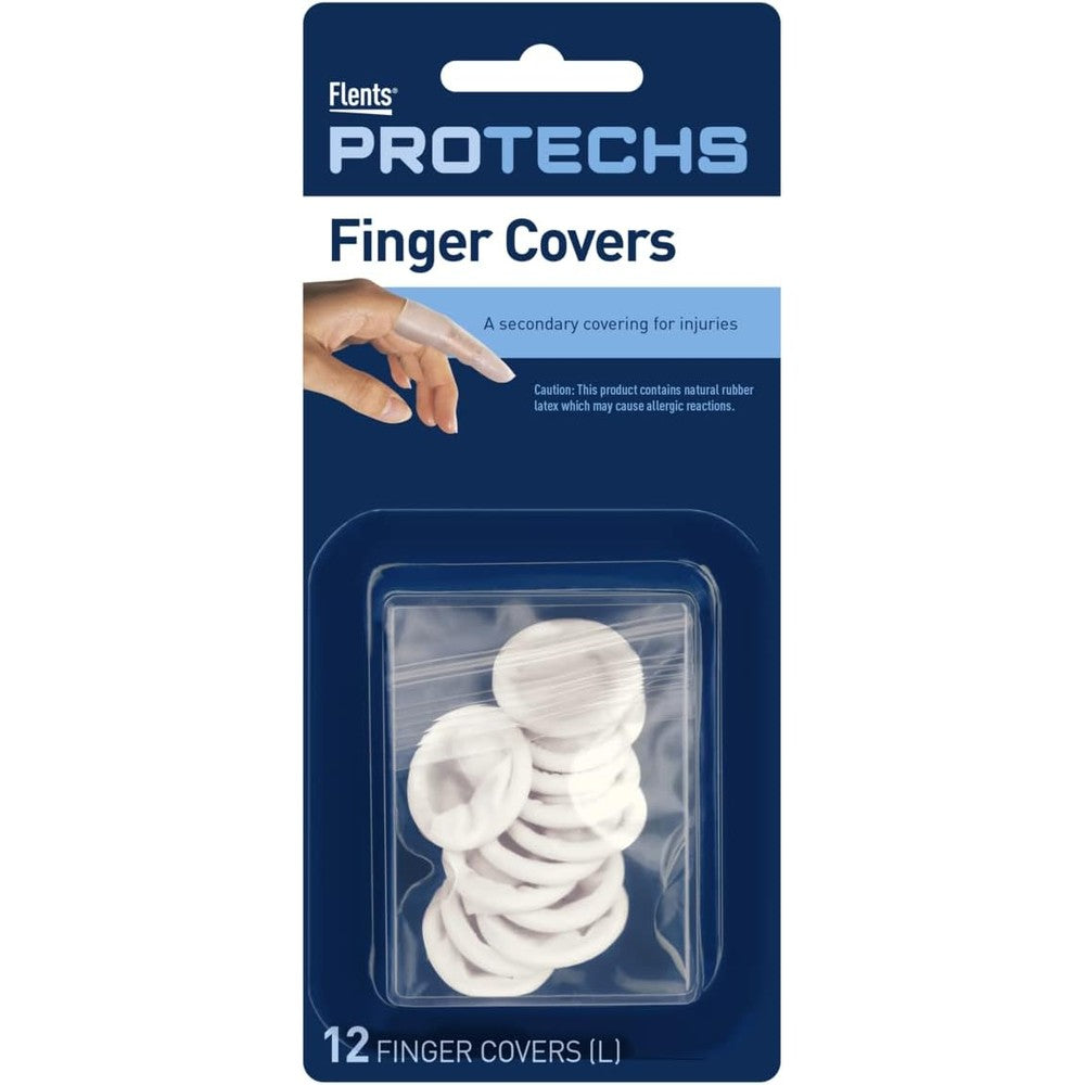 Flents First Aid Finger Covers box front view displaying large size 12 count pack.