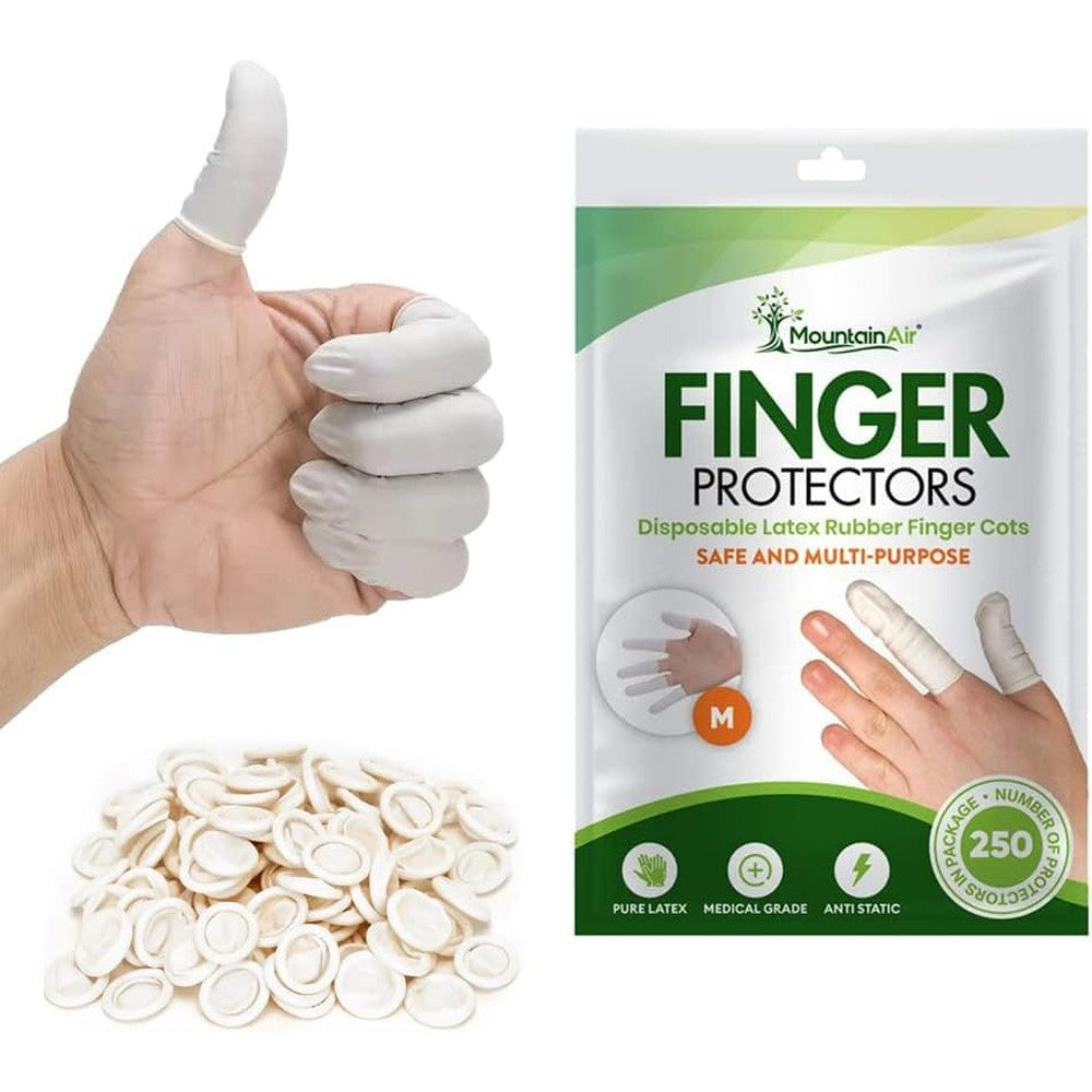 MountainAir disposable latex finger cots front view of packaging box.