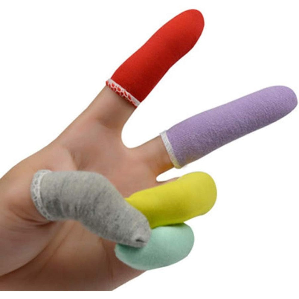 EORTA cotton finger cots front view showing multicolor elastic protective sleeves.